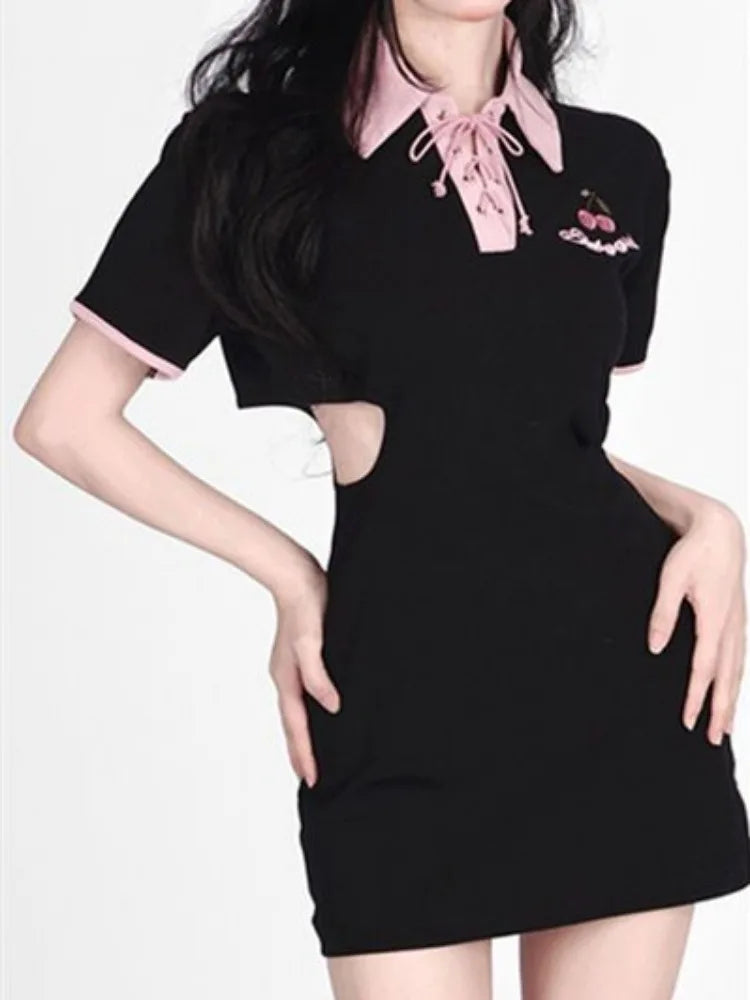 Y2k Letter Embroidery Bodycon Dress Women Hollow Out Bandgae Kawaii Black Short Sleeve Mini Dresses Korean Fashion