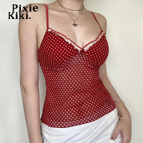 Load image into Gallery viewer, Polka-dot Mesh Tops Aesthetics Y2k Bow V Neck Backless Crop Top Shirt Summer 2024 Kawaii Tanks &amp; Camis P67-BH10
