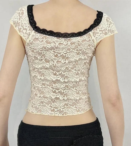 Fairy Coquette Top y2k Women See Through Contrast Trim Deep V Neck Sleeveless T Shirt Vest 2000s Clothing Streetwear