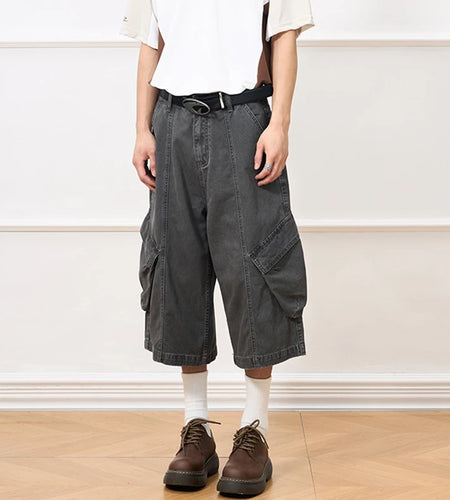 Men's Cargo Shorts Washed Splicing Design Multi Pockets Straight Leg Stylish New American Style Male Casual Bottoms 9W2030