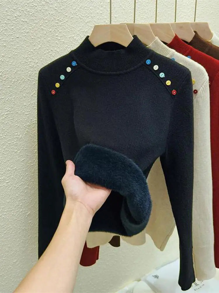 Autumn Winter Women Solid Colorful Button Velvet Sweater Korean Fashion Warm Knitwear Long Sleeve Festival Pullovers Tops Thick