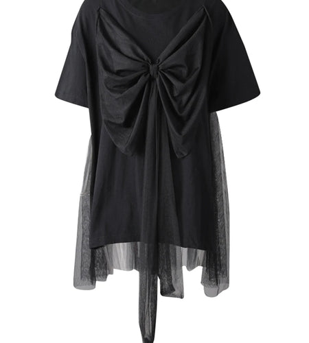 Women Black Mesh Bow Spliced Big Size Long T-shirt New Round Neck Short Sleeve Fashion Tide Spring Summer 2025 CPG3032