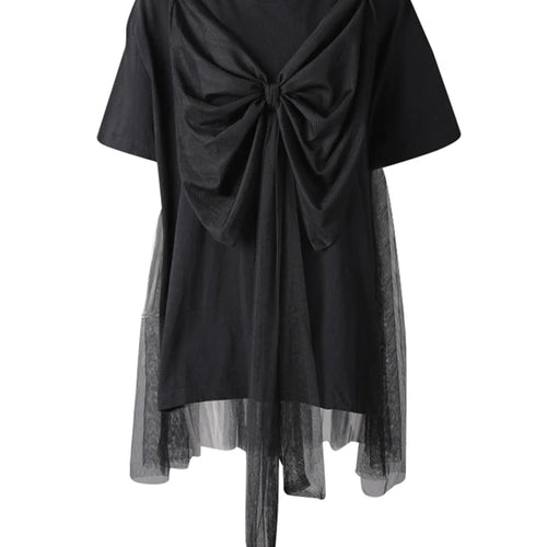 Load image into Gallery viewer, Women Black Mesh Bow Spliced Big Size Long T-shirt New Round Neck Short Sleeve Fashion Tide Spring Summer 2025 CPG3032
