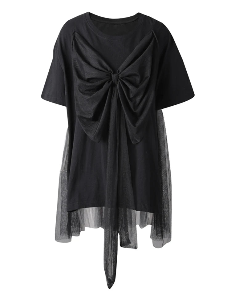 Women Black Mesh Bow Spliced Big Size Long T-shirt New Round Neck Short Sleeve Fashion Tide Spring Summer 2025 CPG3032