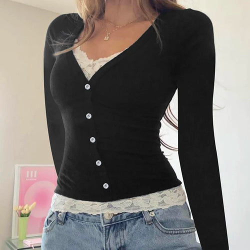 Load image into Gallery viewer, Korean Fashion Skinny Spring Autumn Women T-shirts Lace Patchwork Basic Buttons Top Tee Long Sleeve Contrast Y2K Cute
