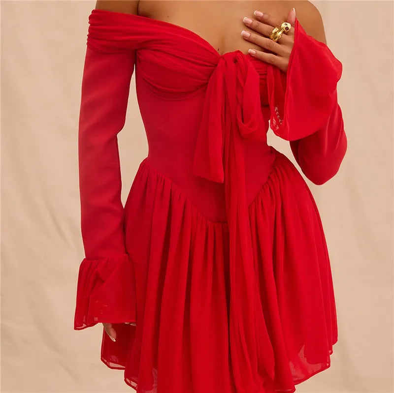 Elegant Strapless Backless Sexy Mini Dress For Women Red Off-shoulder Long Flare Sleeve Pleated Club Party Dress 2024