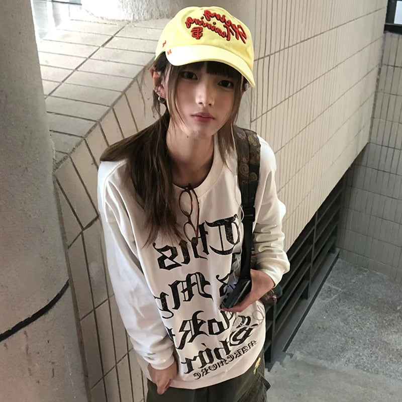 Japanese Y2k Letter Print T-shirt 2000s Style Long Sleeve T Shirt Vintage Harajuku White Loose Tops American Retro 90s