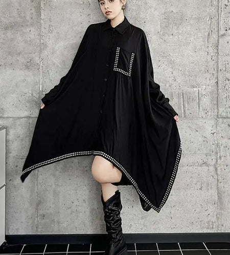 Women Black Irregular Hem Rivet Pocket Big Size Shirt Dress New Lapel Long Sleeve Fashion Tide Spring Autumn 2025 1DH7268
