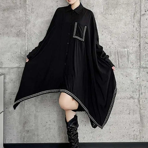 Load image into Gallery viewer, Women Black Irregular Hem Rivet Pocket Big Size Shirt Dress New Lapel Long Sleeve Fashion Tide Spring Autumn 2025 1DH7268
