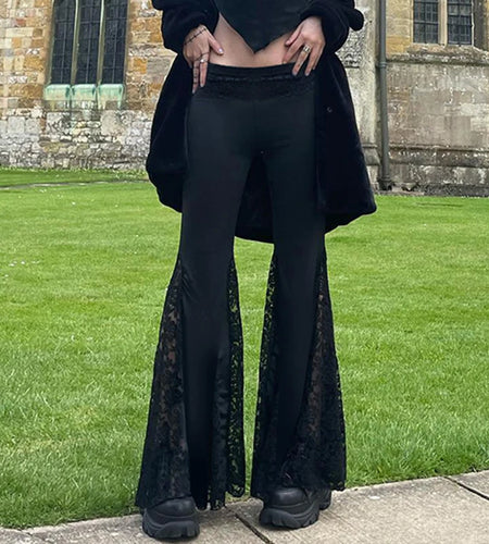 Fashion Lace Patchwork Gothic Dark Long Trousers Women's Chic Slimming Low Waist Flared Pants All Match Bottoms New
