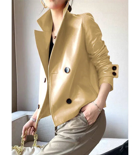 Autumn Winter Gold Faux Leather Jackets Women 2024 New Outwear Long Sleeves PU Leather Short Coats Outwear for Female