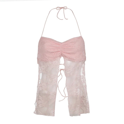 Load image into Gallery viewer, Backless Pink Hotsweet Summer Sexy Lace Camisole Halter Top Transparent Hot Y2K Tie-Up Split Party Cute Coquette Tops
