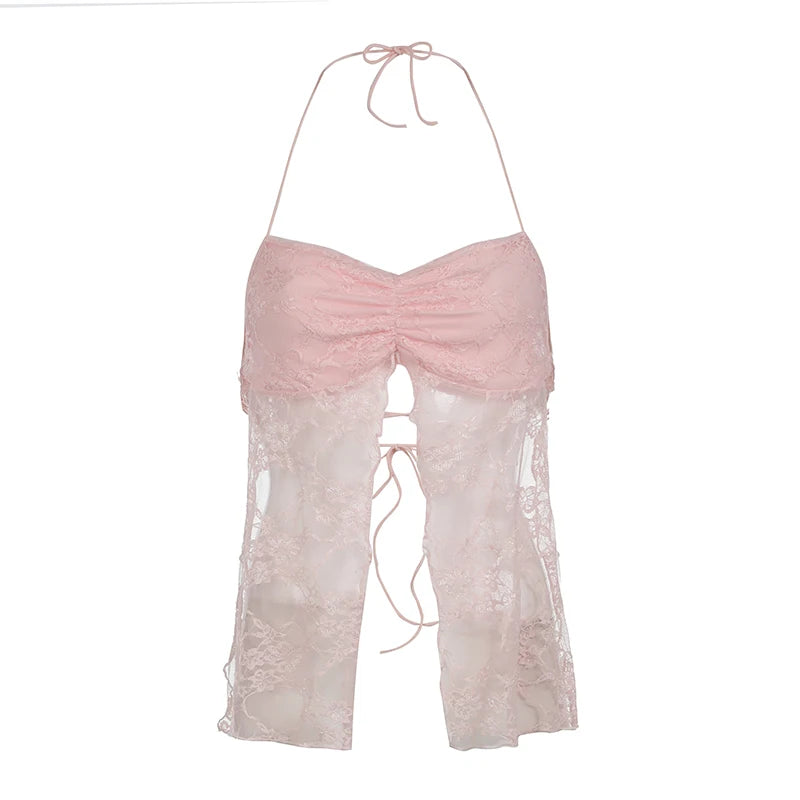 Backless Pink Hotsweet Summer Sexy Lace Camisole Halter Top Transparent Hot Y2K Tie-Up Split Party Cute Coquette Tops