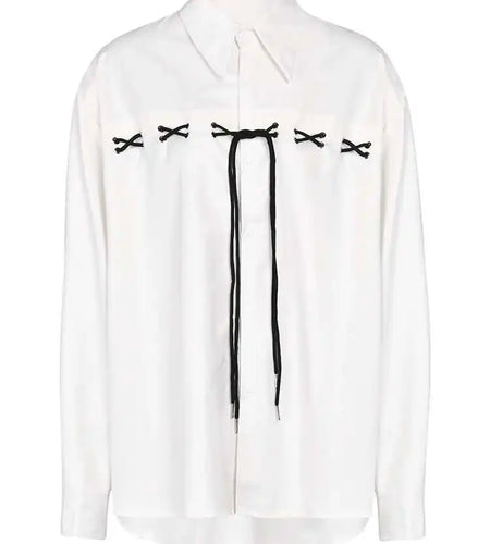 Women White Bandage Big Size Casual  Blouse New Lapel Long Sleeve Loose Fit Shirt Fashion Tide Spring Autumn 2025 1DF9108