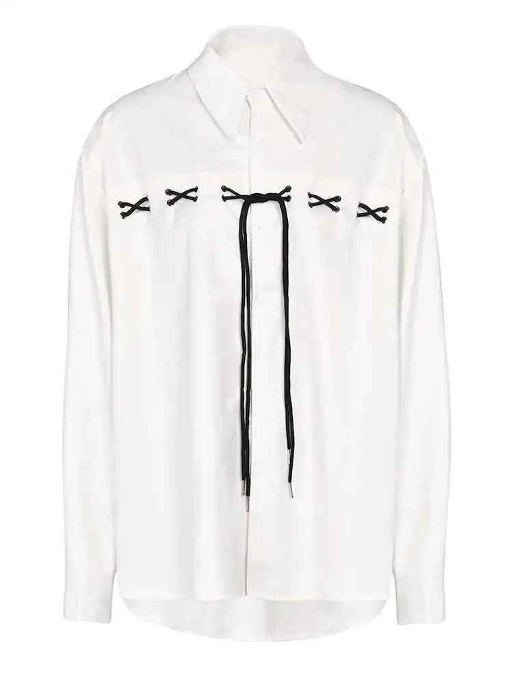 Women White Bandage Big Size Casual  Blouse New Lapel Long Sleeve Loose Fit Shirt Fashion Tide Spring Autumn 2025 1DF9108