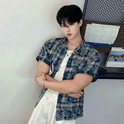 Load image into Gallery viewer, Men's Tie Dye Short Sleeve Shirts New Summer Loose Plaid Korean Turn-down Collar Trendy Male Clothing Loose Fiting 9W1626
