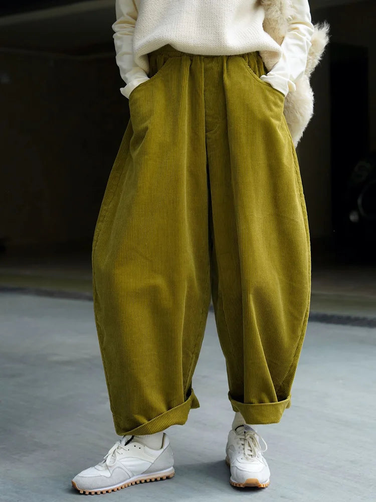High Elastic Waist Green Corduroy Wide Leg Pants New Loose Fit Trousers Women Fashion Tide Spring Autumn 2025 1DF21930