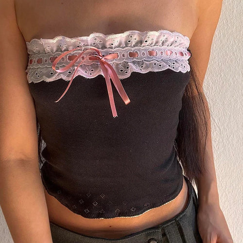 Load image into Gallery viewer, Y2K Aesthetic Cute Jacquard Summer Female Tube Top Bandeau Knitted Bow Lace Patchwork Ruffles Mini Cropped Top Kawaii
