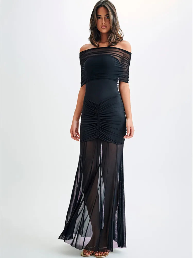 Elegant Sleeveless Mesh Patchwork Double Layer Long Dress Women Bodycon Evening Dress Sexy Perspective Tight Vestido