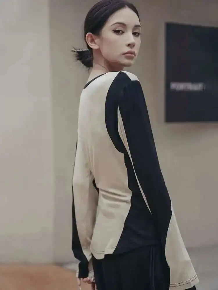 Women Black Apricot Color-block Big Size Casual T-shirt New Round Neck Long Sleeve Fashion Tide Spring Autumn 2025 1DF5723