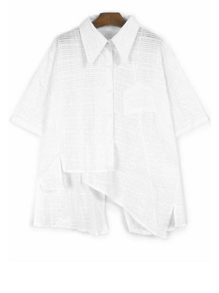 Women Green Irregular Hollow Out Big Size Blouse New Lapel Short Sleeve Shirt Fashion Tide Spring Summer 2025 1DJ1107