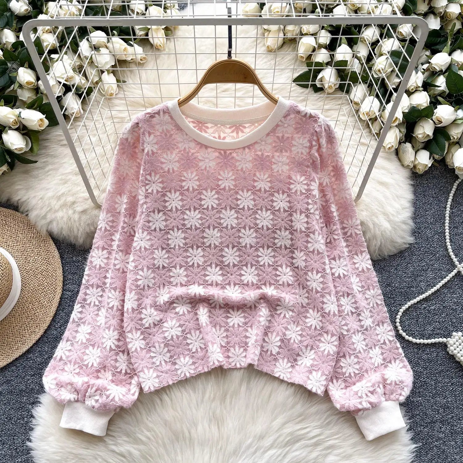 Korean Women's Flower Patchwork Round Neck Hollow Out Crochet Short Sweater Autumn New Long Sleeve Pullover Top Popular Clothing