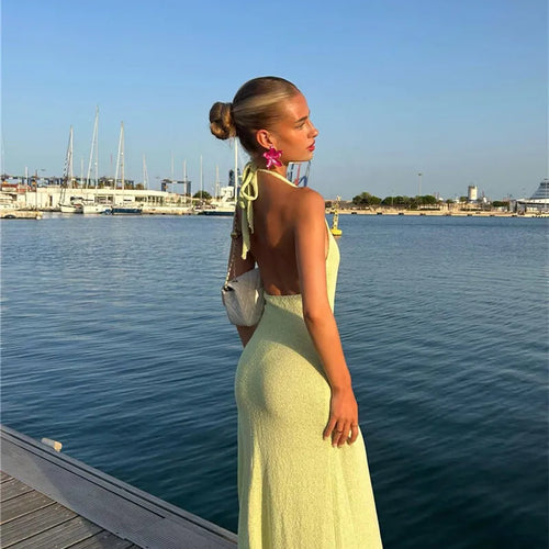 Load image into Gallery viewer, Deep V Neck High Split Maxi Dress For Women Gown Halter Flower Backless Sleeveless Bodycon Knit Long Dress Elegant
