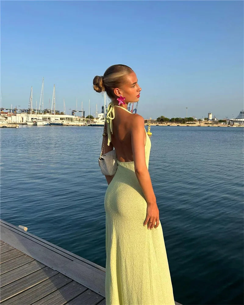 Deep V Neck High Split Maxi Dress For Women Gown Halter Flower Backless Sleeveless Bodycon Knit Long Dress Elegant