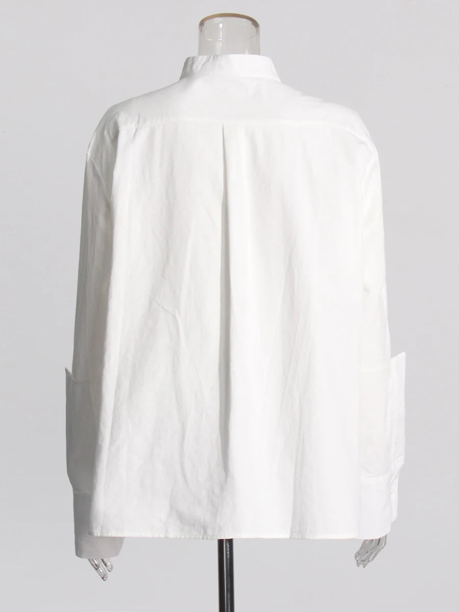 Solid Spliced Single Breasted Basics Shirts for Women Stand Neck Long Sleeves Minimalist Shirt Female Clothing New