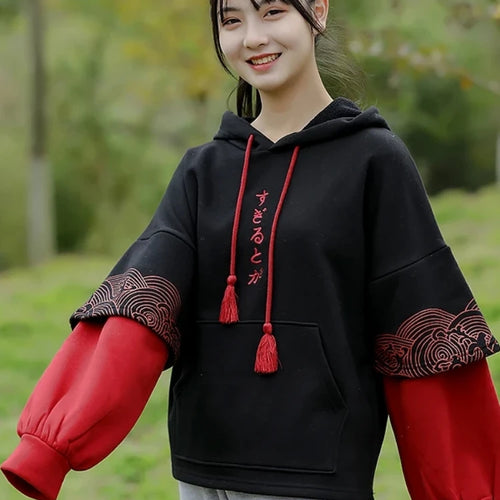 Load image into Gallery viewer, Japan Style Letter Embroidery Fleece Women Hoodies Patchwork Drawstring Hooded Sweatshirt Winter Female Pullover Tops
