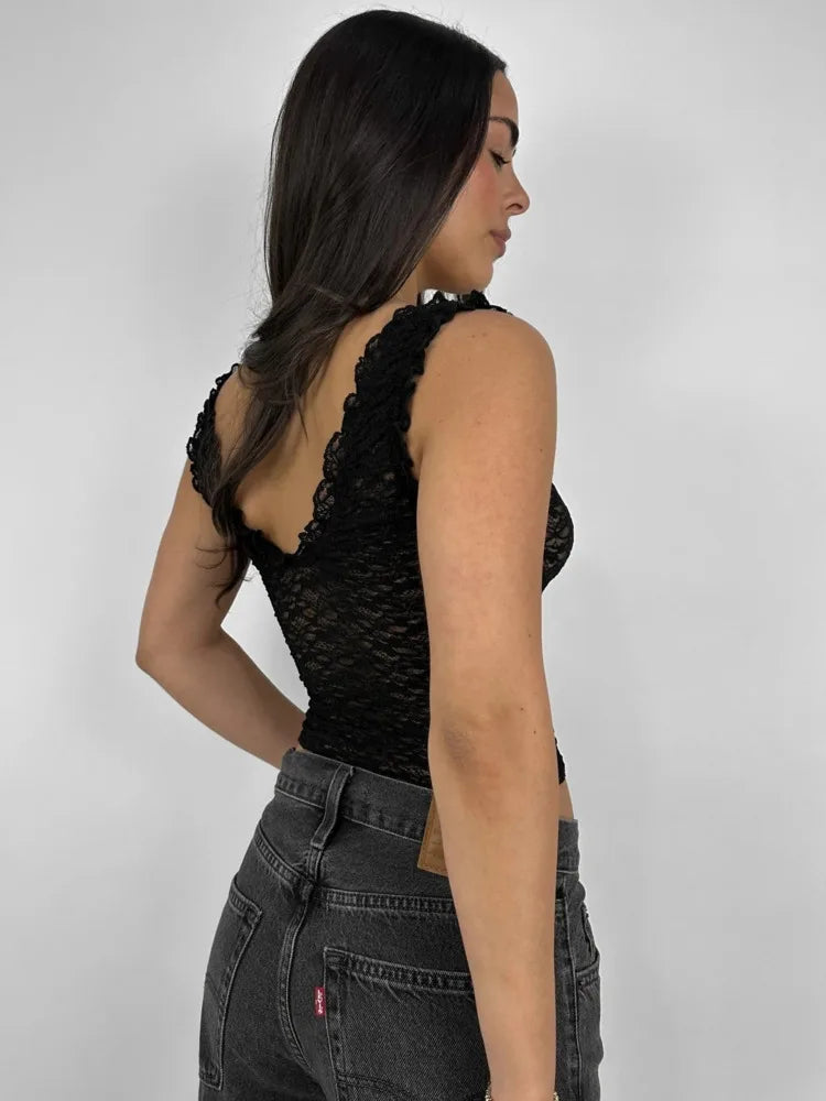 Sexy Sleeveless Lace Print Tie Up Women Top Slim Backless Tight Female Tank Top Fashionable Street Clothing Summer 2024