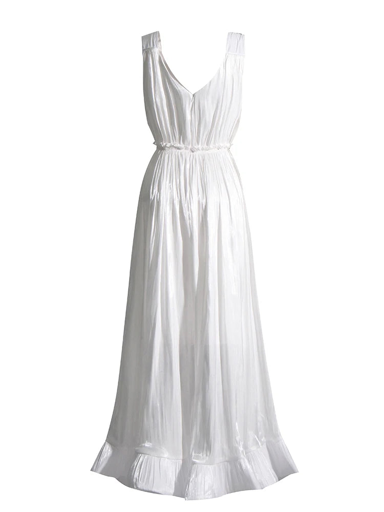 Backless Sleeveless Solid Dresses For Women Deep V Neck High Waist Ruffles Hem Draped Dress Female Summer 2023 Clothing New