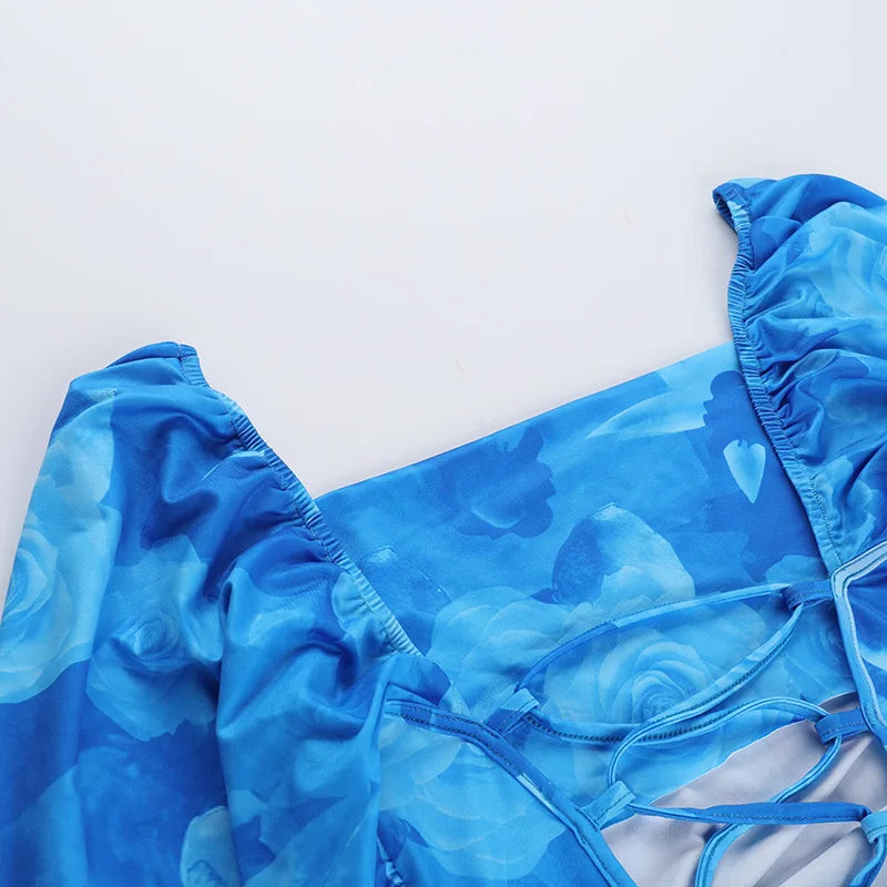 Blue Floral Print Sexy Maxi Dress For Women Gown Autumn New Square Collar Long Sleeve Lace-up Sexy Long Dress Elegant