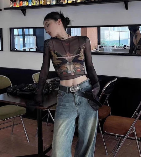 Crop T Shirts Sexy T Shirts Women 2025 Ropa Mujer V-neck Long Sleeve Tunic Tees Gauze Butterfly Chic Bandage Summer Y2k Tshirt