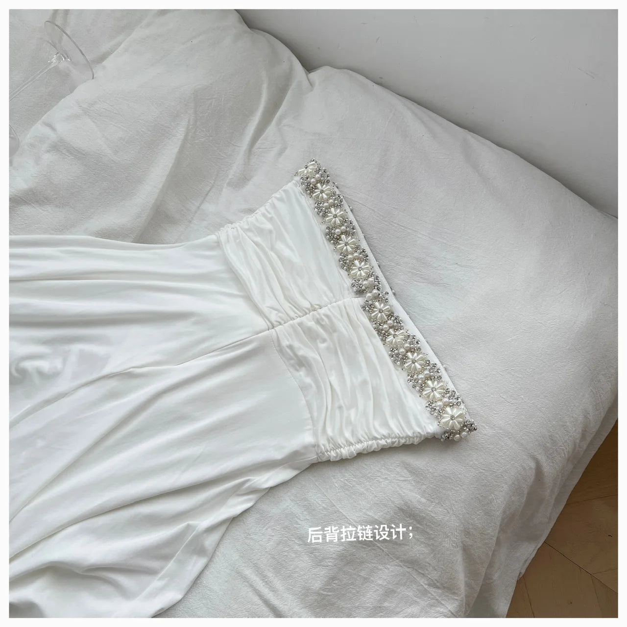 Summer French White Pearl Strapless Bandage Backless Short Dresses Women Vintage Elegant Sexy Club Sleeveless Party Dress Ladies