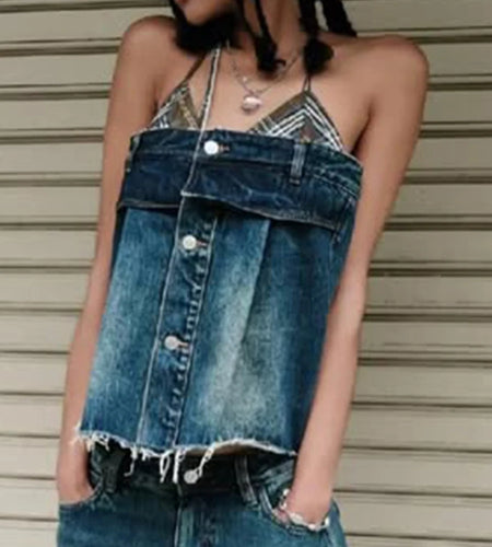 Hit Color Spliced Button Loose Vests For Women Halter Sleeveless Patchwork Flash Vest Female Fashion Style Clothes