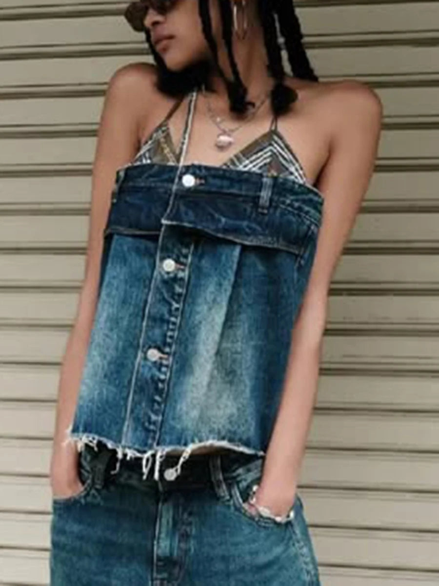 Hit Color Spliced Button Loose Vests For Women Halter Sleeveless Patchwork Flash Vest Female Fashion Style Clothes