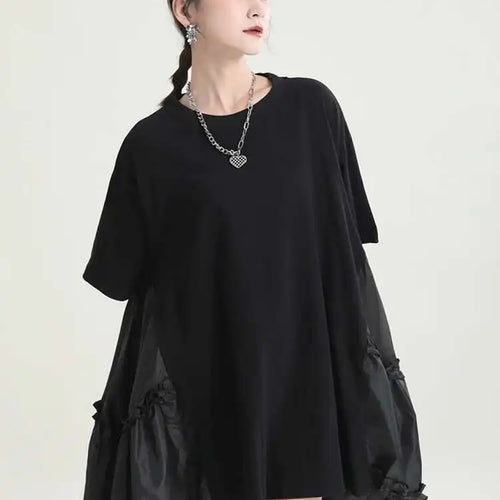 Load image into Gallery viewer, Women Black Ruffles Irregular Big Size Mini Dress New Round Neck Short Sleeve Fashion Tide Spring Summer 2025 1DH9574
