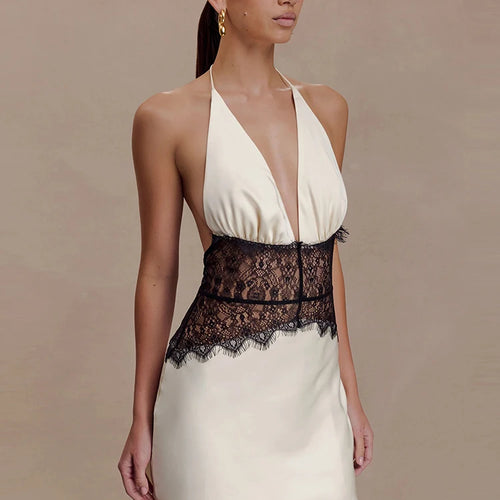 Satin Lace Patchwork Sleeveless Dress Women Elegant Halter V Neck Backless A-line Bodycon Mini Dresses Sexy Partywear