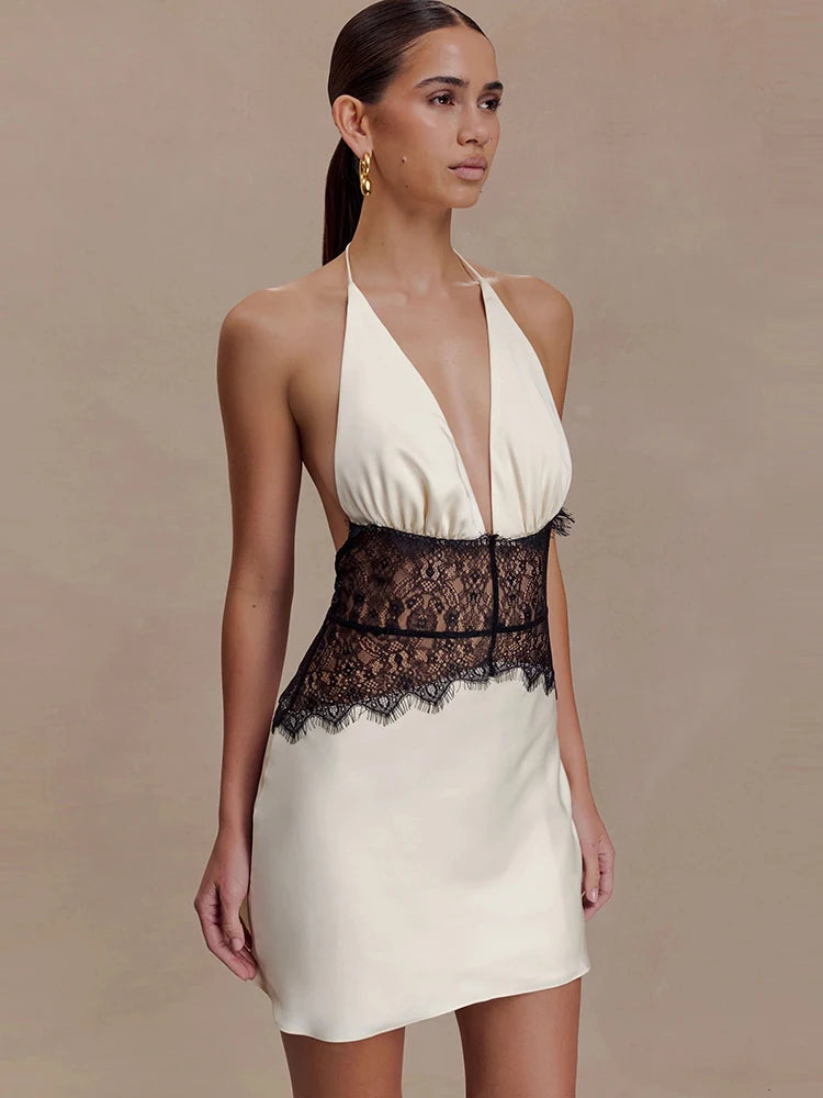 Satin Lace Patchwork Sleeveless Dress Women Elegant Halter V Neck Backless A-line Bodycon Mini Dresses Sexy Partywear