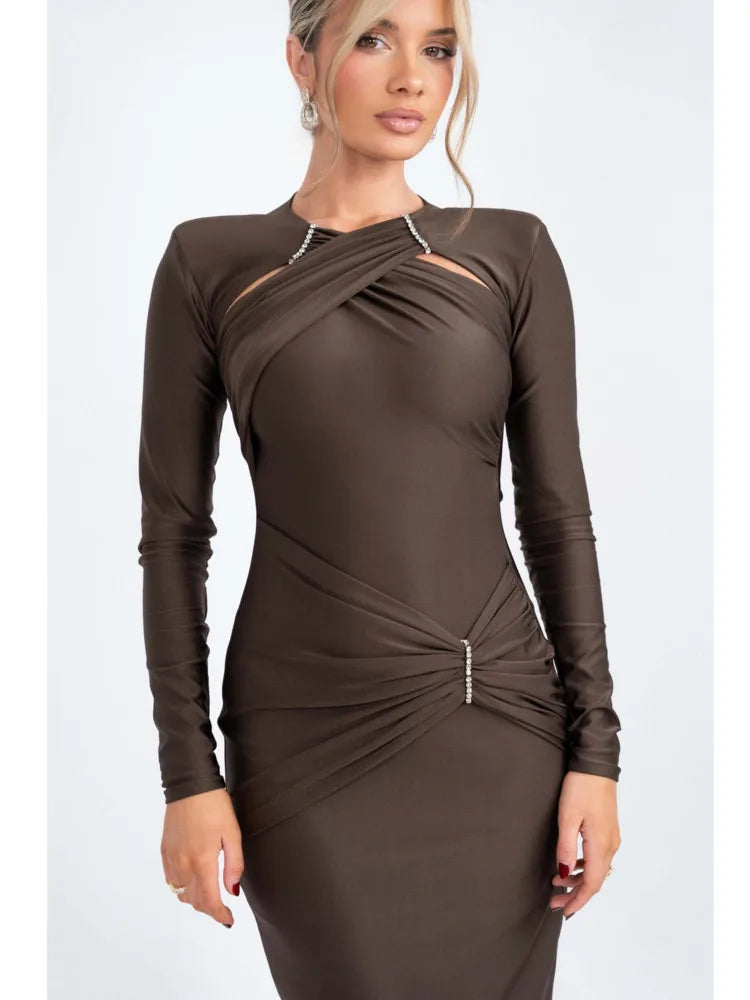 Elegant Elastic Tight Bright Diamond Party Club Evening Dress Women Long Sleeve Bodycon Fold Maxi Winter 2025 Vestidos