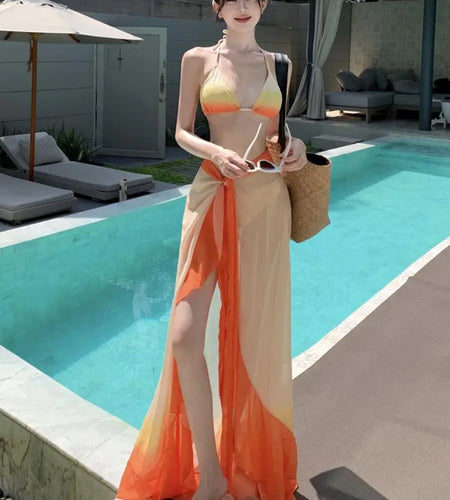 Swimsuit Women Summer Orange Gradient Halter Lace-up Bikini And Bandage Split Long Skirt Three Piece Set Sexy Beach Vacation New