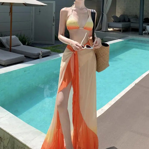 Load image into Gallery viewer, Swimsuit Women Summer Orange Gradient Halter Lace-up Bikini And Bandage Split Long Skirt Three Piece Set Sexy Beach Vacation New
