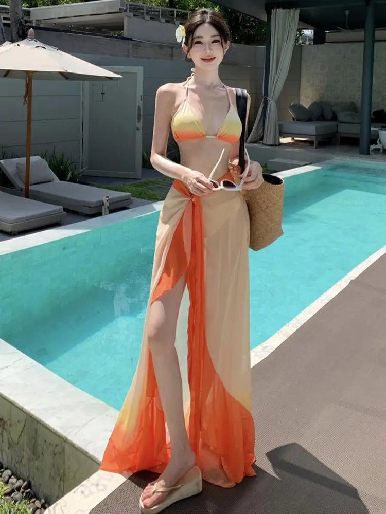 Swimsuit Women Summer Orange Gradient Halter Lace-up Bikini And Bandage Split Long Skirt Three Piece Set Sexy Beach Vacation New