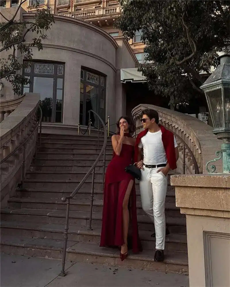 Elegant Strapless Sexy Maxi Dress For Women Gown With Scarf Off-shoulder Sleeveless Backless Split Beach Long Dress