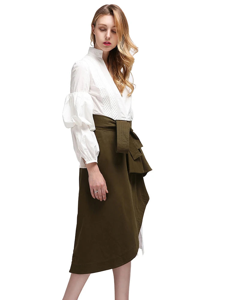 Casual Irregular Midi Skirts For Women High Waist Patchwork Ruffle Lace Up A Line Asymmetrical Hem Skirt Female Korean Style