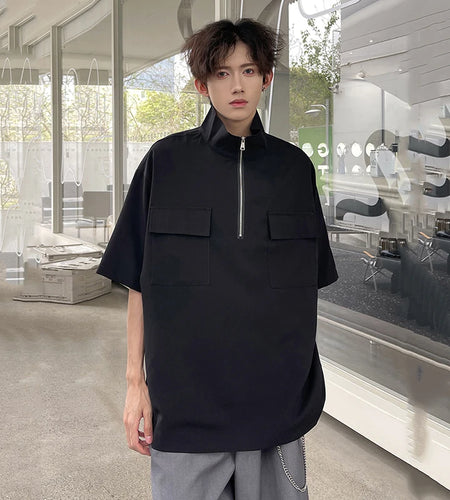 Men's Shirts Short Sleeve New Korean Stand Collar Trendy Pullover Zipper Shirts Male Clothing Summer Menwear Tide 9W1970