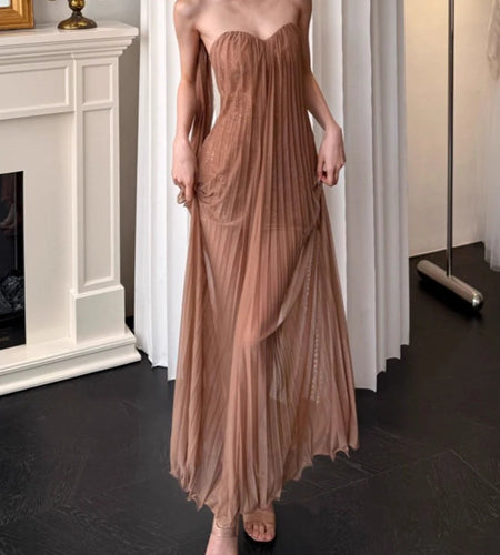 Slimming Spliced Sequins Sexy Dresses for Women Strapless Sleeveless Sheer Patchwork Folds Elegant Dress Female New