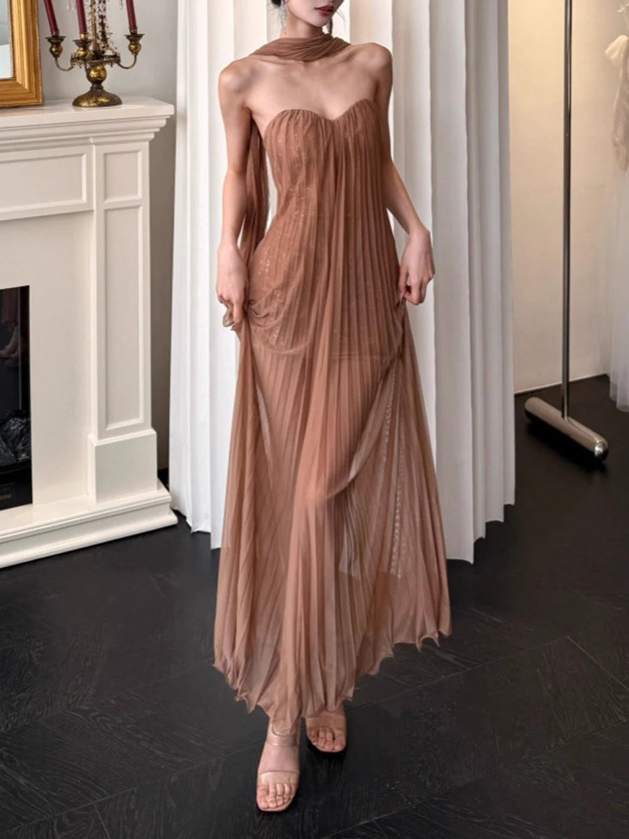 Slimming Spliced Sequins Sexy Dresses for Women Strapless Sleeveless Sheer Patchwork Folds Elegant Dress Female New