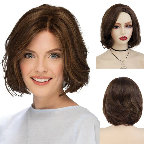 Load image into Gallery viewer, Synthetic Wigs for Women Short Hair Brown Color Natural Hairstyle Curly Wigs Bob Mommy Wig Highlight with Side Bangs
